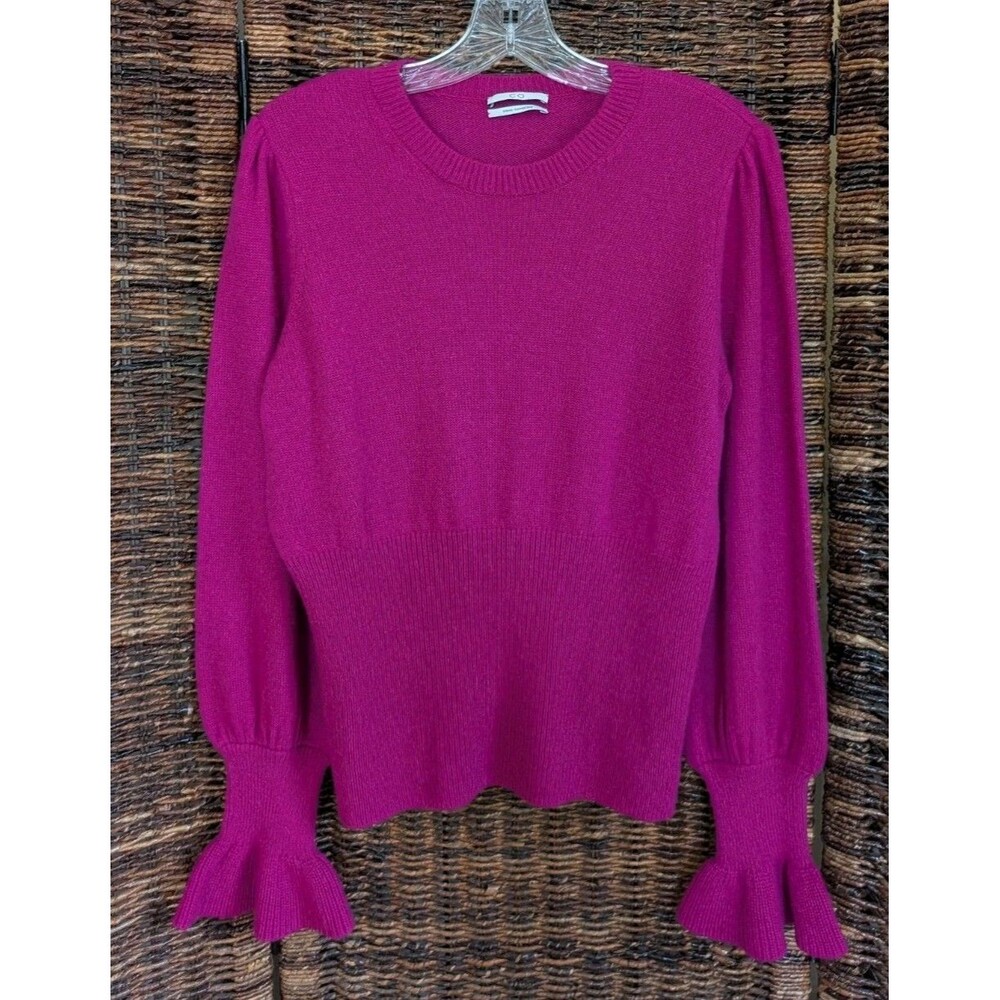 CO Alpaca Lantern Sleeve Crew Neck Sweater Large Pink Ruffle Cuffs Italian Cozy